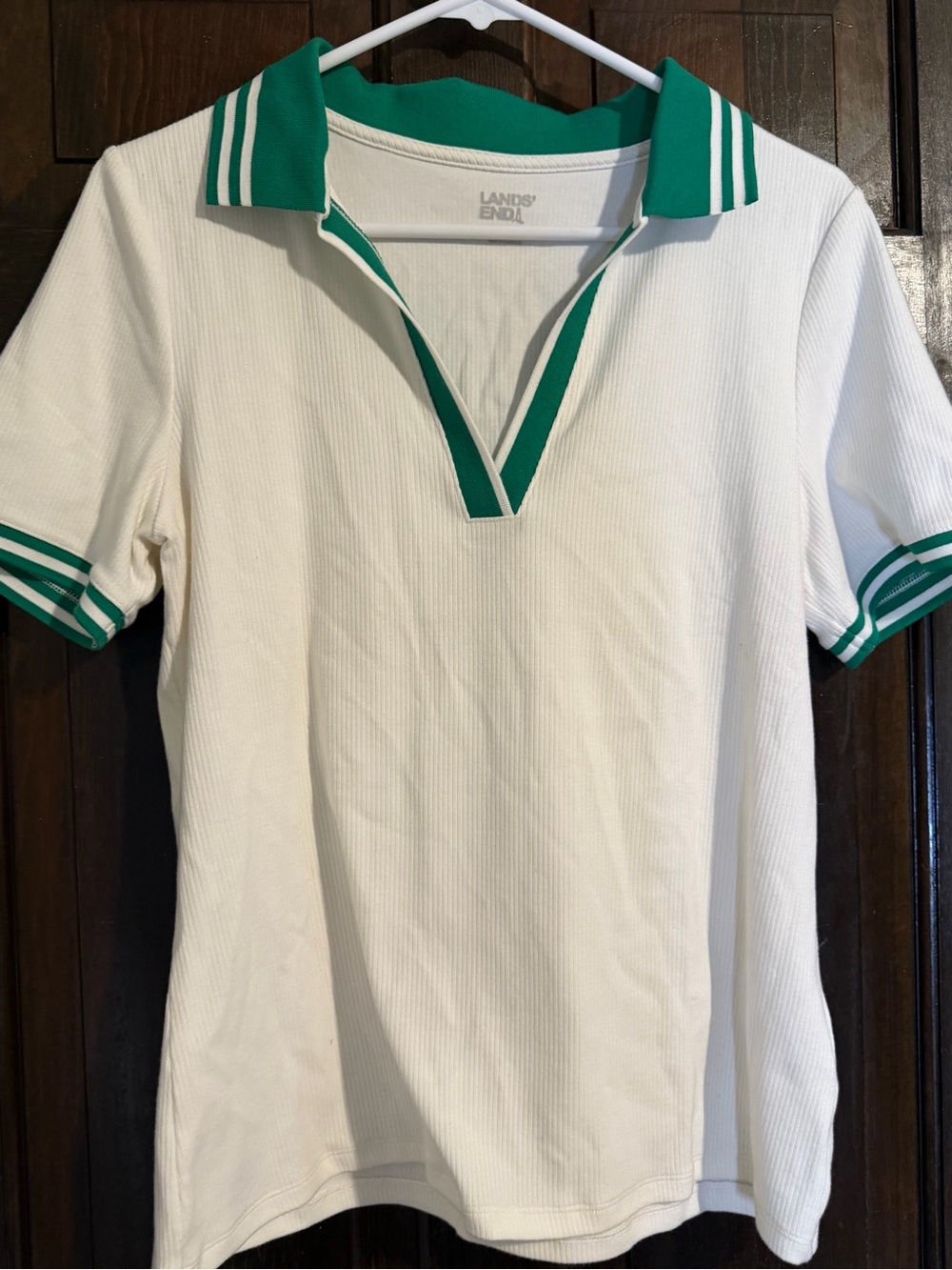 Lands' End White Polo with Green Trim and Stripe Details